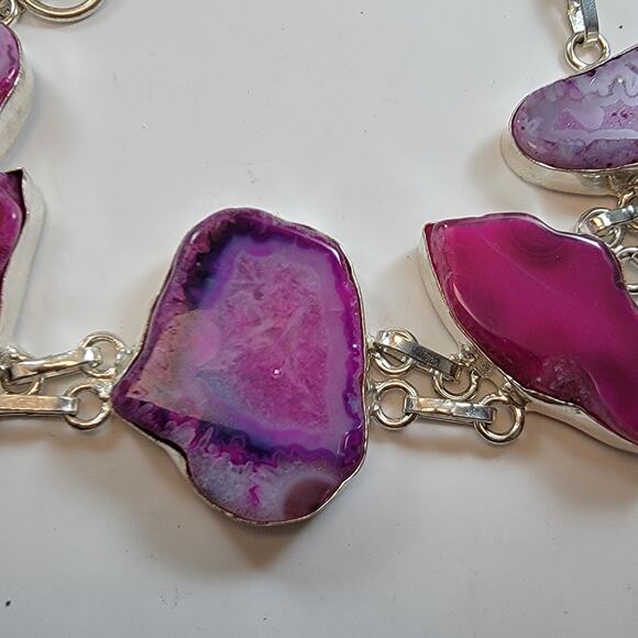 Gemstone Bracelets Sterling Silver Raw Pink Agate Slice Bracelet Adjustable Fit - Picture 6 of 10